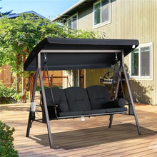 EPOFIT 3 Seat Outdoor Patio Swing, Outdoor Swing with Canopy, Porch Swing with Stand, Removable Cushion, Pillows and Cup Holder for Porch, Patio, Garden, Poolside, Black