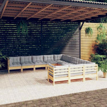 HGPOTUY 11 Piece Patio Lounge Set with Gray Cushions Solid Wood