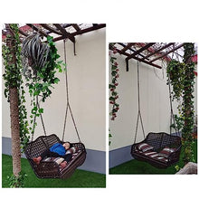 Outdoor Patio Swing Chair Front Porch Hanging Bench, 2-3 Person Hanging Swing with Soft Seat Cushions & Chains, Heavy Duty Garden Rattan Swing Lounge, for Balcony/Backyard/Living Room/Lawn