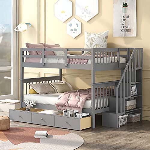 Harper & Bright Designs Full Over Full Bunk Beds with Stairs & Storage Grey