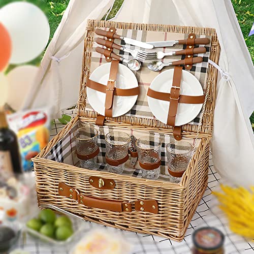 Storage Basket,4 Person Picnic Baskets - Luxury Wicker Hamper Sets -Premium Set with Flatware,Plates,Wine Glasses and Bottle Opener,for Camping Outdoor Party