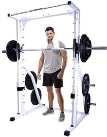 Deltech Fitness DF4900 Smith Machine with Linear Bearings, Weight Plate Storage, Pull-Up Bar, Squat Rack, Half Power Cage White and Black