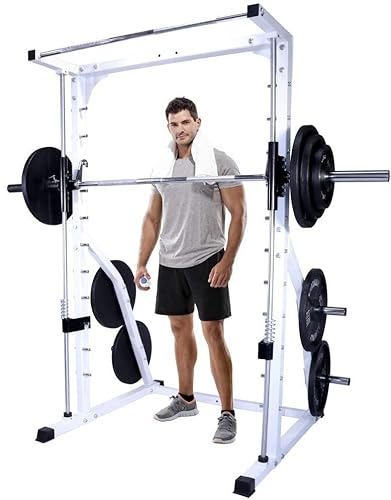 Deltech Fitness DF4900 Smith Machine with Linear Bearings, Weight Plate Storage, Pull-Up Bar, Squat Rack, Half Power Cage White and Black