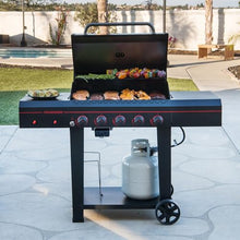 Megamaster Cart 5 Burner Gas Grill, Side Tables with Accessory Hooks, Black