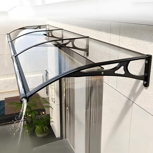 Outdoor Patio Veranda Window Awning: Modular Polycarbonate Cover with Drainage Gutter & Aluminum Bracket, Weather-Resistant Black (47x141in/120x360cm)