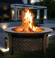 BBQ Grill Outdoor Fire Pit - Outdoor Oil Rubbed Bronze Fire Pit with BBQ Grill, Metal Poker Iron, Mesh Ember and Spark Guard Screen Table Heating Charcoal Brazier Charcoal Stove