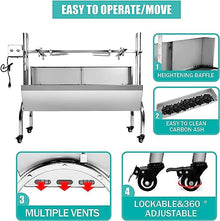 stainless steel rotisserie grill with back cover guard, 25w motor small pig lamb rotisserie roaster, 48.7'' 2 in 1 bbq charcoal rotisserie grill for camping outdoor kitchen (88LBS with baffle)