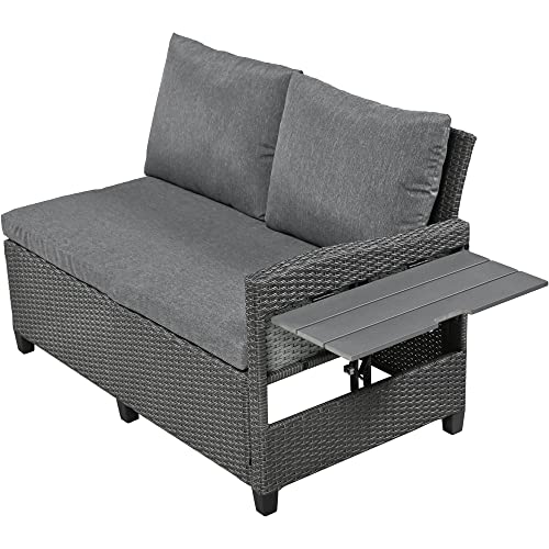 Merax 5-Piece Outdoor Patio Furniture Set, All Weather Sectional PE Rattan Sofa with Dining Table and Bench, Grey