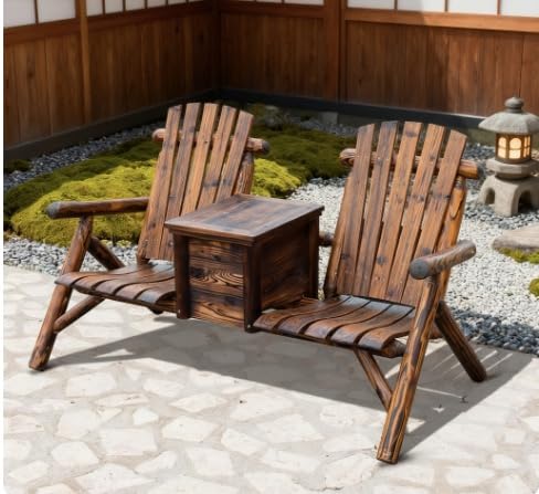 Seeheool Double Adirondack Chair Loveseat,Double Wooden Adirondack Chair with Ice Bucket,Outdoor Loveseat with High Backrest