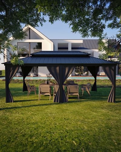 GAOMON Hardtop Gazebo 12'x20' Aluminum Frame with Double Metal Roof and Curtains Gray