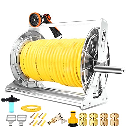 Heavy Duty Stainless Steel Garden Hose Reel With10 Pattern Hose Nozzle, Wall Mount/Floor Water Hose Storage Rack, 328-Feet 1/2 Inch Hose Capacity (35m Hose)