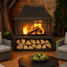Deko Living Outdoor Wood Burning Fireplace with Wood Storage and Removable Fire Grill - 40 Inch Large Metal Wicker Base Fire Pit for Patio Garden Deck Backyard, Black