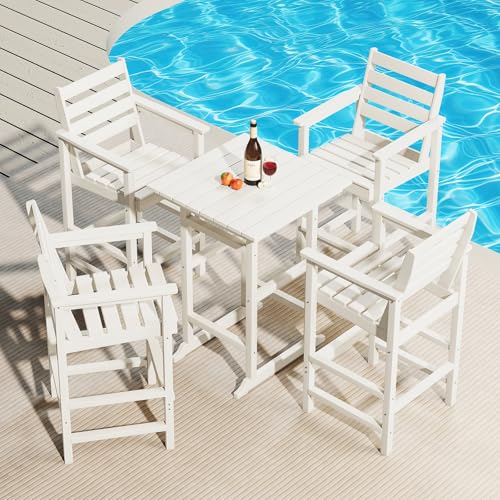 Furnimart 5-Piece Adirondack Bar Height Patio Set, Outdoor Bar Set with Tall Bar Chairs & Table, All-Weather HDPE Furniture with Umbrella Hole for Balcony, Poolside, Backyard, White
