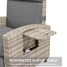 IDEALHOUSE Outdoor Recliner Chair, Reclining Patio Chairs with Adjustable Backrest & Footrest, Wicker Lounge Recliner Up to 150° with Flip-Up Table, Grey, Set of 1