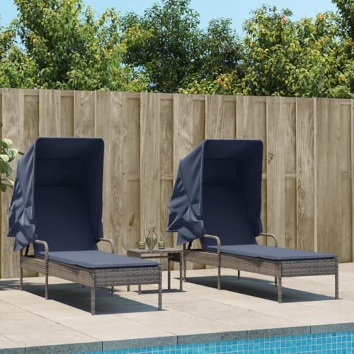 Foknhdi 2-Piece Grey PE Rattan Outdoor Chaise Lounge Set with Adjustable Canopy & Armrests, 78.7 in Seat Depth All-Weather Patio Furniture for Garden Poolside Balcony