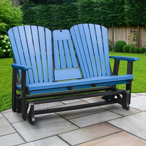 American Furniture Classics Model 524BBK Two Seat Fan Back Glider with Drop Down Table/Cup Holder in Blue with Black Base, Made in The USA