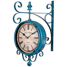 saditesdk Wall Clock, Outdoor Garden Wall Clock, Blue Double Sided Station Clock Garden Clock Rotation Wrought Iron Retro Outdoor Clock Decoration Outside Clock for Indoor Outdoor, 8inch，