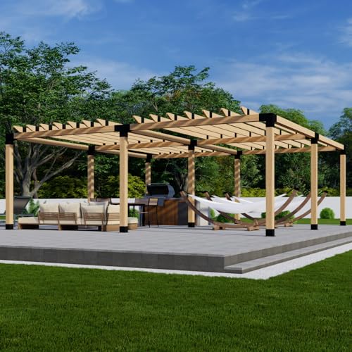 DIY Freestanding Pergola Bracket Kit with Roof Rafters - 6x6 Posts + 2x6 Rafters - Build Up to 24' x 24' - Steel Hardware Only