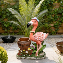 Outdoor Flamingo Planter Urn with Solar LED Lights, Resin Welcome Garden Statue Flower Container for Patio Porch Balcony Courtyard Walkway Lawn Entryway Decorative Yard Accent (Female Flamingo)