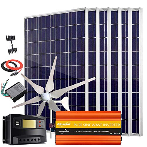 Giosolar 1000W Hybrid Solar & Wind Power Kit: 6x 100W Poly Solar Panels + 400W Wind Turbine + 1000W Inverter & Controller, High Efficiency, Blue, Gray/White, Modern