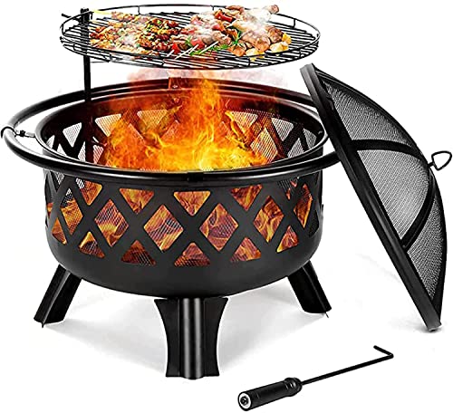 BBQ Grill Outdoor Outdoor Fire Pit, Firepit Brazier Garden BBQ Cooking Grill Round Stove Patio Heater Height Adjustable BBQ