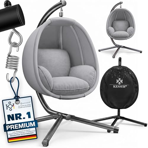 KESSER® Luxe Hanging Chair with Frame + Soft Seat Cushion, Side Padding, Seat and Back Cushion, Hanging Basket, Indoor & Outdoor, Garden Swing Basket, Hanging Chair, Sturdy Base, Max. 150 kg, Grey
