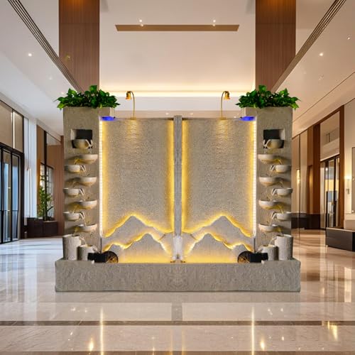 Modern Cement Water Fountain with Lighting, Mist & Waterwheel – 6.89ft Tall Indoor/Outdoor Decor for Garden, Entryway, Pool,Housewarming Gift (Left)(Left+Right)