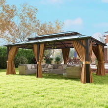 oneinmil 12'x20' Hardtop Gazebo with Netting and Curtains, Aluminum Frame, Heavy Duty Canopy for Patio, Backyard, Lawn Brown