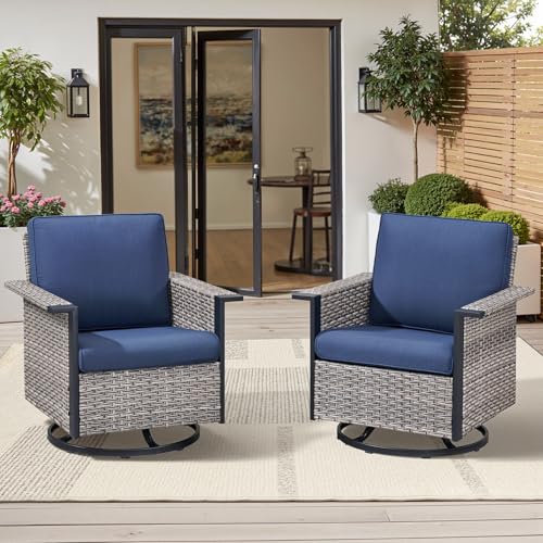 Seeheool Outdoor Swivel Rocking Gray Wicker Chairs Set of 2, Wide Armrest Patio Glider Chairs with Blue Cushions for Porch or Deck