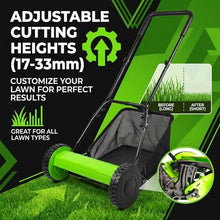 Environmentally Friendly Push Mower with Manganese Steel Blades, Adjustable Height 17-33mm, Large Grass Collection Bag for Efficient Lawn Maintenance and Yard Care(12in)