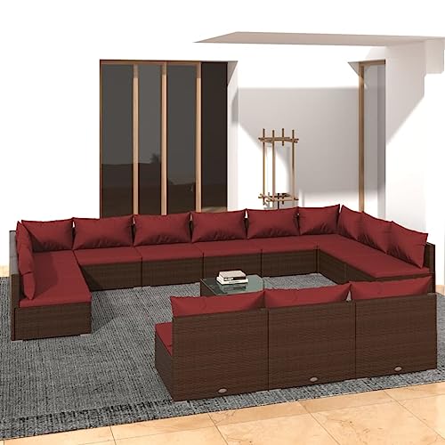 13-Piece Modular Outdoor Patio Furniture Set, Brown Cinnamon Red PE Rattan Sectional Sofa with Cushions & Coffee Table for Garden, Terrace, Balcony, Weather-Resistant & Easy Assembly Lounge Seating