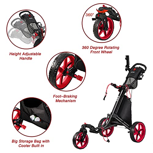 KVV 3 Wheel 360 Rotating Front Wheel Foldable/Collapsible Golf Push Cart Red/Black