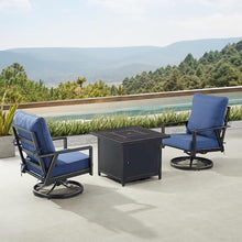 Oakland Living Black Aluminum Patio Fire Table Bistro Set with Two Club Chairs with Blue Cushions