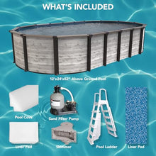 Puri Tech 12'x24'x52 Sunset Bay Steel Frame Above Ground Swimming Pool Package with Full-Print Overlap Liner, Liner Pad, Pool Cove, Skimmer, Filtration System and A-Frame Ladder for Pool Set up