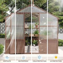 8x10 FT Wooden Greenhouse, Walk-in Polycarbonate Greenhouse with 6MM Panels, Adjustable Roof Vent, Lockable Door, Backyard Garden Green House for Outdoor Growing, Brown