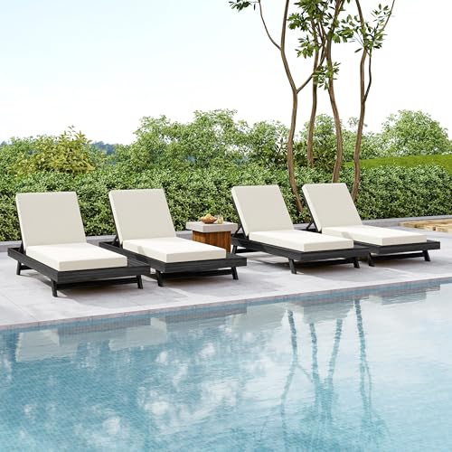 Merax Acacia Wood Chaise Lounge Chair Outdoor Set of 4, Patio Recliner with 4 Position Adjustable Backrest and 4" Thick Double-fold Cushion