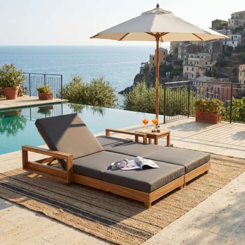 Double Acacia Wood Chaise Lounge Set, 1 Double Recliner with 2 Pieces 3-Fold Dark Grey Cushions, 4-Position Adjustable Backrests, 4 Inch Water Resistant Cushion, 800 LBS Capacity for Patio, Poolside
