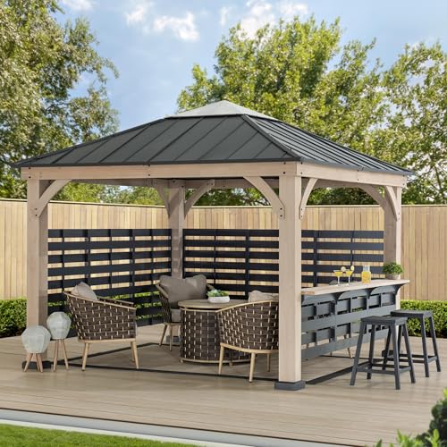 SummerCove 11x11 ft. Hardtop Cedar Wood Gazebo with Steel Roof and Bar Shelf Matte Black