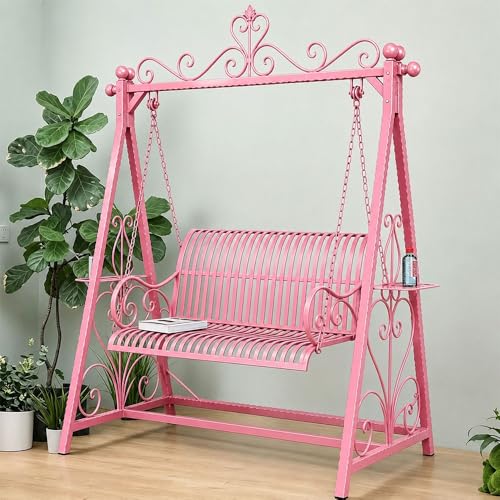 Double Patio Porch Swing, Wrought Iron Hammock Chair with Stand(Pink)