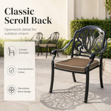 OROTLECT Set of 6 Cast Aluminum Patio Dining Chairs, Outdoor Arm Chairs with Removable Brown Cushion, Classic Scroll Hollow Back Metal Chairs for Garden Backyard Deck Porch Bistro