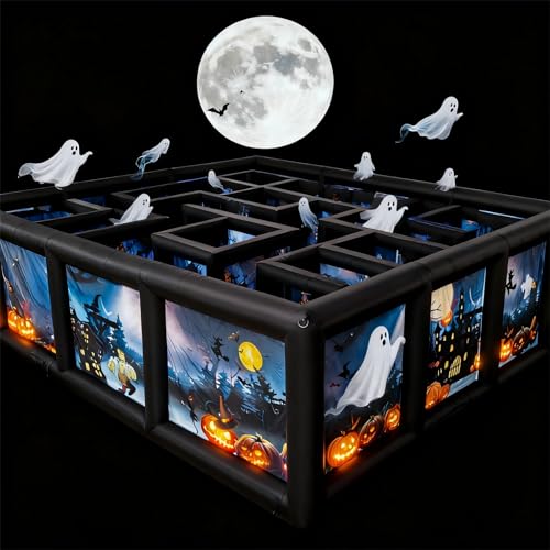 AIRMAT FACTORY Inflatable Maze Halloween Haunted House, Outdoor Inflatable Labyrinth Maze Game, Spooky Theme with Pumpkins/Bats/Ghosts, Includes Blower/Repair Kits, 36x13x6.6ft