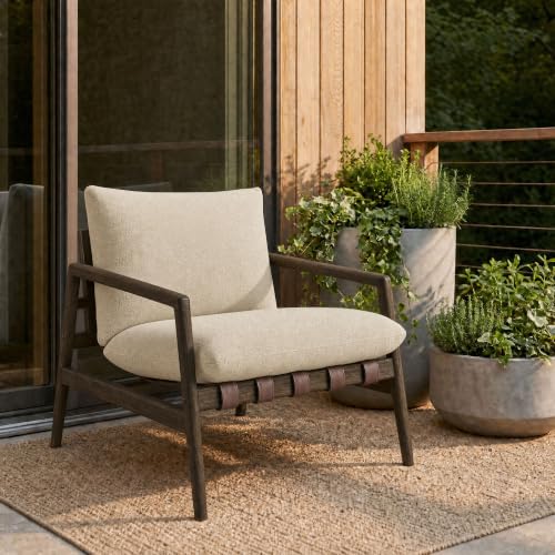 Modway Nomi Teak Wood Outdoor Sling Accent Chair in Sand - Faux Leather Vegan Patio Armchair with Removable Cushioned Upholstery