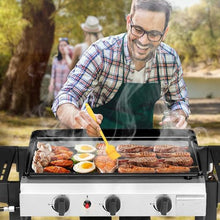 3-Burner Flat Top Gas Griddle Cooking Station with Ceramic Coated Cast Iron Pan, 30,000 BTU Propane Fuelled Griddle Station with Side Shelves & Spice Rack for Outdoor Barbecue Backyard Cookout