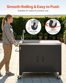 VEVOR Outdoor Grill Cart with Sink and Storage Cabinet, 38 Inch Grill Table, Waterproof Kitchen Island with Stainless Steel Top, Spice Rack, Wheel, Movable Food Prep Station for Patio Bar Backyard BBQ