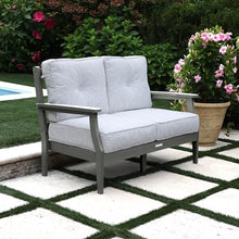highwood Lehigh Deep Seating Loveseat, with Sunbrella Cushions in Lively Parchment, Coastal Teak Frame
