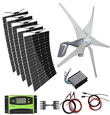 AUECOOR 1000W Wind Turbine Solar Panel Kit : 5 pcs Flexible Mono Solar Panels+400W Wind Turbine Generator for Off Grid 12V 24V Battery Charging