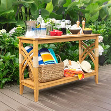 Cambridge Casual Sierra Teak Wood Outdoor Console Table with Accent Wicker, Natural Teak, Narrow Garden Table with Bottom Shelf for Patio, Deck, Entry Way or Poolside – Weather-Resistant
