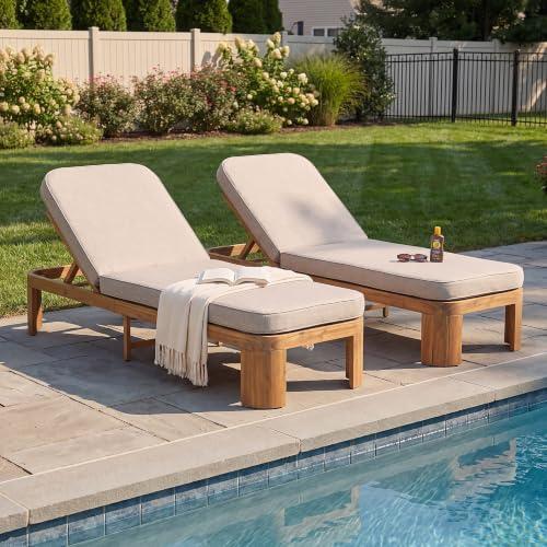 Merax Acacia Wood Outdoor Chaise Lounge Chair Set of 2 with Cushion, Teak