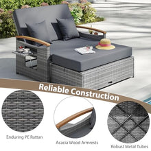 LDAILY Moccha Outdoor Wicker Daybed, Patio Rattan Loveseat Sofa w/ 4-Level Adjustable Backrest, Folding Panels, Storage Ottoman & Cushions, Lounge Furniture Set for Poolside Backyard Porch (Grey)