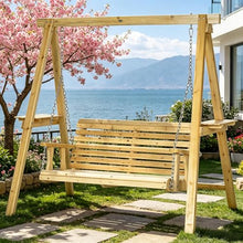 2-Seat Outdoor Fir Wood Patio Swing, A-Frame Structure with Side Tables & Metal Chains, Ergonomic Design, Adjustable Metal Chains for Custom Swing Angle & Height, 726 lbs Capacity, Perfect for
